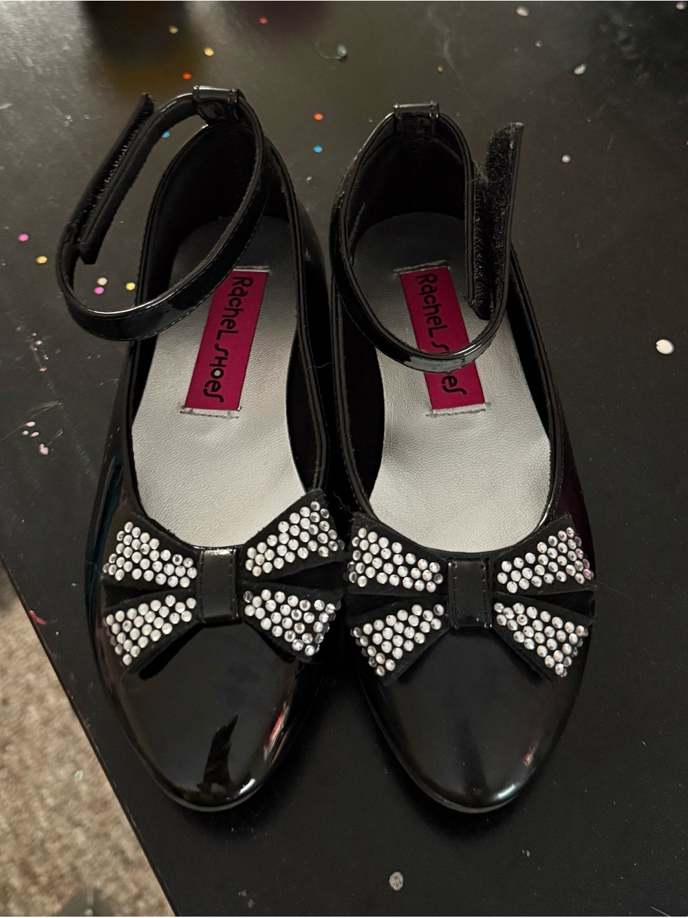Rachel Shoes Black Patent Mary Jane Flats with Crystal Bow Accent